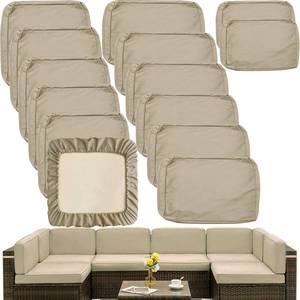 lot 19681 image: Sqodok Outdoor Cushion Covers Waterproof, 14Pcs Patio Cushion Slipcovers Replacement for 7Piece 6-Seater Rattan Wicker Sectional Couch Sofa, Washable Patio Furniture Seat and Back Covers Only, Tan