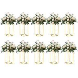 lot 19683 image: YALLOVE 10 Pcs 15.75 Gold Wedding Flower Stand Metal Vase Column Stand Geometric Centerpiece Vase for Home Party Wedding Decorations, Rectangular Flower Display Rackin