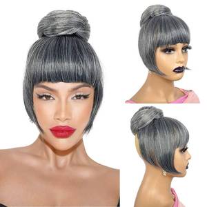 lot 20012 image: VAVANGA Grey Bun and Bangs Set 2PCS - Quick Clip in Ponytail Bun with Bang M Size Updo Twist Braided Chignon Scrunchie Hair Piece for Black Women