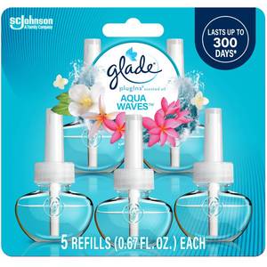 lot 20027 image: Glade PlugIns Refills Air Freshener, Scented and Essential Oils for Home and Bathroom, Aqua Waves, 3.35 Fl Oz, 5 Count