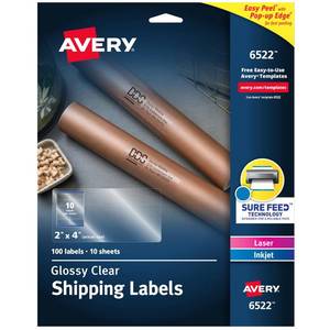 lot 20046 image: Avery Printable Shipping Labels with Sure Feed, 2 x 4in, Glossy Crystal Clear, 100 Blank Mailing Labels (6522)in