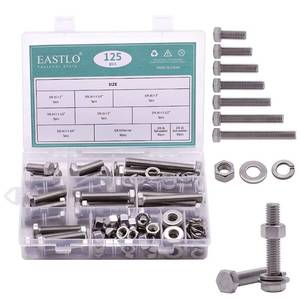 lot 20051 image: UNC 38 (125 PCS) Stainless Steel Hex Bolts with Nut, Flat Washer and Lock Washer Hardware Assortments Kit, 304 Stainless Steel 18-8, Full Thread (Broken Case)
