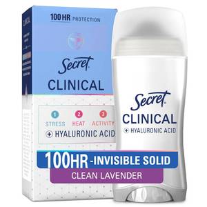 lot 20415 image: Secret Clinical Strength Antiperspirant Deodorant for Women, 100hr Sweat and Odor Protection, 3X Stress Protection with Hyaluronic Acid, PH Balanced, Invisible Solid, Clean Lavender Scent, 2.6 oz