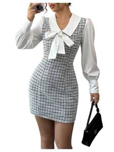 lot 20416 image: Floerns Womenfts Elegant Plaid Tweed Dress Bow Front Lantern Long Sleeve 2 in 1 Mini Houndstooth Dresses Black and White Large