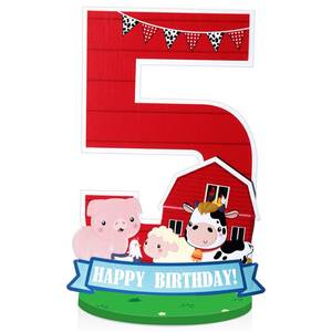 lot 20423 image: Vercraft Farm Animal Birthday Party Number Centerpiece 10 Inch Wood Farm Barnyard Party Number Sign Sheep Cow Pig Birthday Barn Sign for Boy and Girl Party Decor(Number 5)