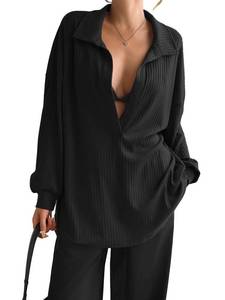 lot 20435 image: Fisoew Womens Oversized Deep V Neck Sweatshirts Casual Collared Long Sleeve Ribbed Knit Pullover Tops Black Size Small