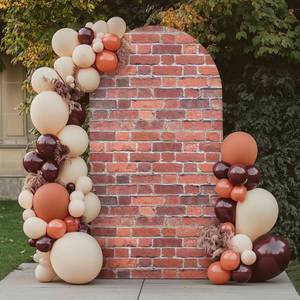 lot 20462 image: Chiara 7.2FT Red Brick Arch Backdrop Spandex, Wrinkle Free Fitted Arch Background Cover for Farmhouse Style Vintage 2-Sided Round Top Wedding Photography Birthday Baby Shower