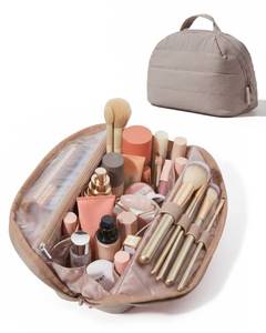 lot 20464 image: BAGSMART Travel Makeup Bag for Women, Portable Fold-down Cosmetic Case, Puffy Padded Make Up Organizer Pouch, Water-resistant Toiletry Bag for Toiletries, Brushes (Brown)