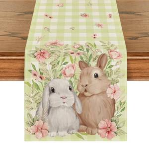 lot 20465 image: Artoid Mode Bunny Rabbit Flowers Leaves Green Buffalo Plaid Easter Table Runner, Kitchen Dining Table Decoration for Home Party Decor 13x72 Inch