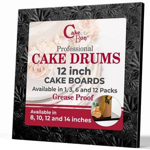 lot 20466 image: Cakebon Cake Boards Square - Sturdy 12 Inch Thick Drums - 12 Inch Professionally Wrapped Edges Black 1-Pack (Bent edges)