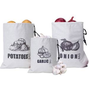 lot 20492 image: Potato Onion Garlic Storage Bag, Fabric Onion and Potatoes Storage Bag, Washable Garlic Potatoes Onions Keeper with Drawstring, 3 Pack (Garlic Onion Potato Bag)