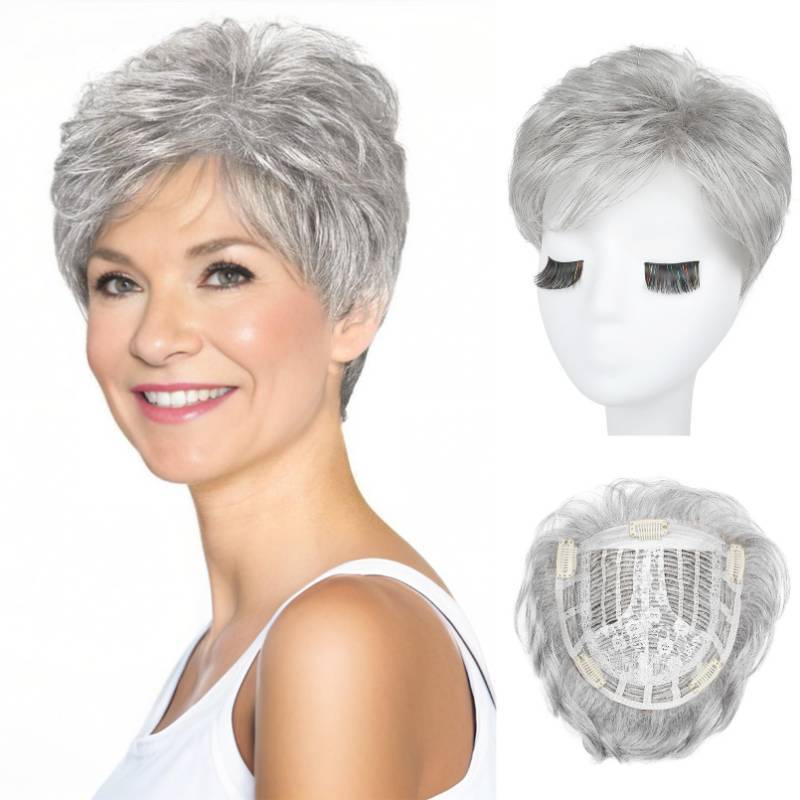 lot 11400 image: REECHO Hair Topper for Women - 100% Japanese Revolutionary Fiber Short Toupee Wiglet Topper Hairpiece for Women with Thinning Hair Loss Lightweight Large Base for Full Coverage - Silver