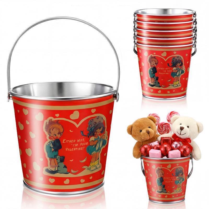 lot 11426 image: FoldTier 6 Pcs Vintage Valentines Buckets with Handle Valentines Day Small Metal Buckets Mini Pails Candy Chocolates Crayon Pencil Craft Supply Holder Gift Basket for Holiday Party Favor