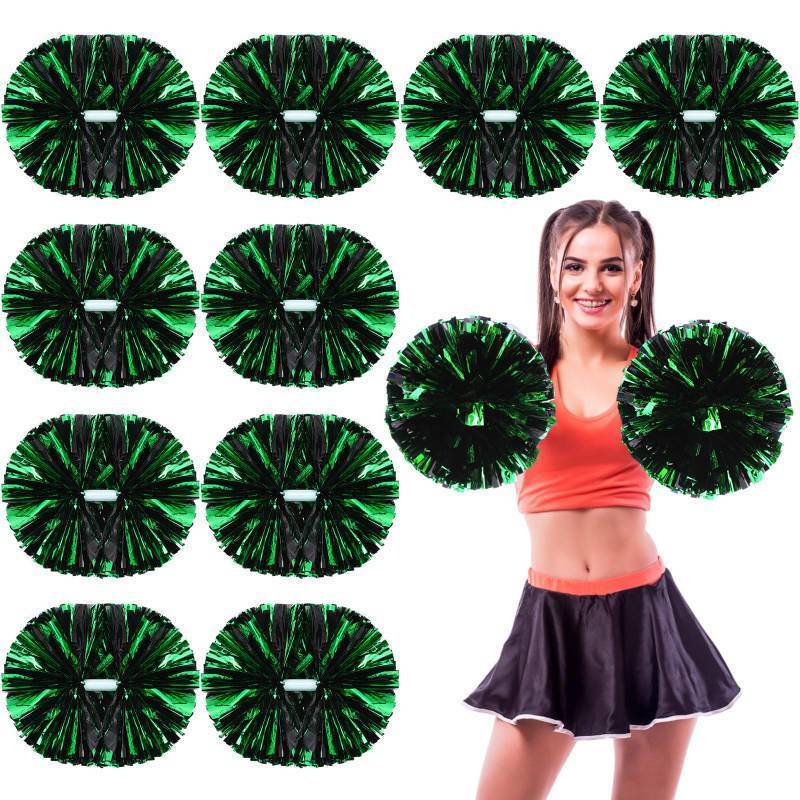 lot 11429 image: WILLBOND 12pcs Cheerleading Pom Poms Bulk Metallic Foil Cheerleader Pompoms with Baton Handle for Football Basketball Cheering Squad Team Game Sports Dance Party Outfit (Green Black)