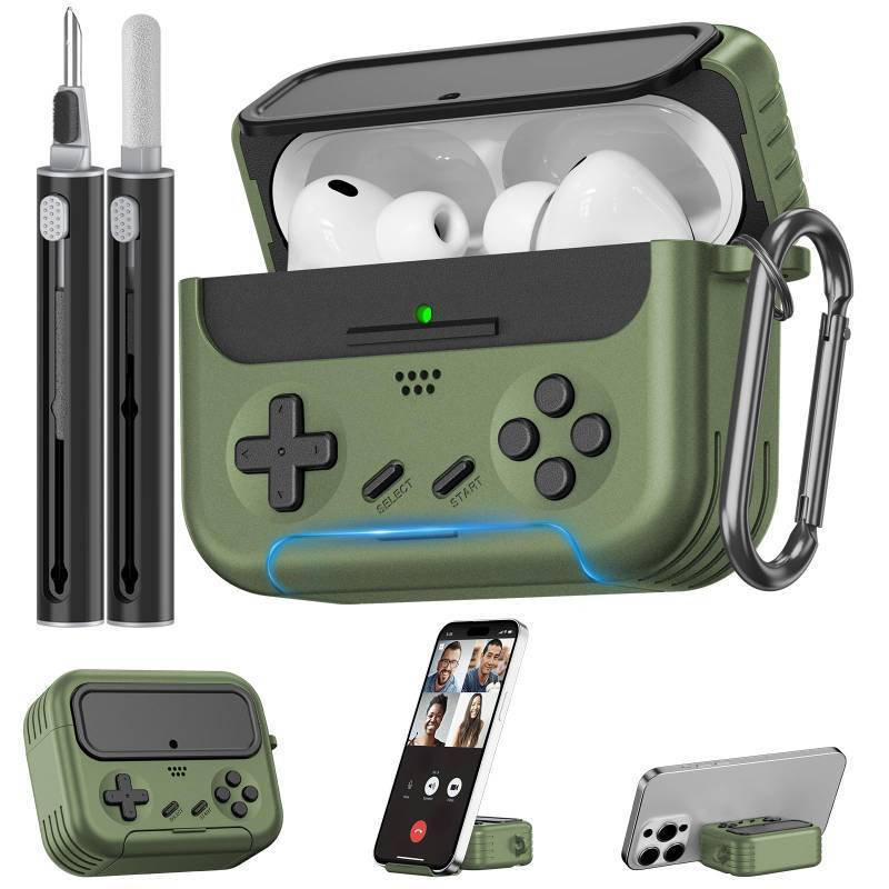 lot 12292 image: Inesore for Airpods Pro 3 Case Cover with Cleaner Kit,with Lock for Airpod Pro 3 (2025),Classic Cool Funny Game Console Hard Air Pods Pro 3 Case for Men Boy(Military Green)