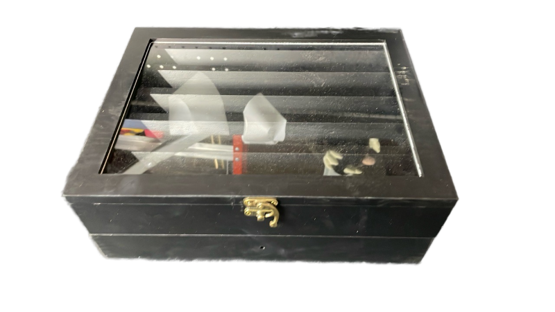 lot 15753 image: Black Wood Jewelry Display Case with Drawer and Brass Hardware