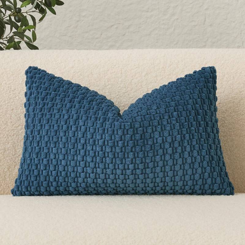 lot 16266 image: UGASA Lumbar Throw Pillow Covers Pack of 1 Super Soft Boho Corduroy Decorative Pillow Covers Cases Solid Color Plush Texture Accent Throw Pillows for Sofa Couch Living Room Chair 12x24 Inch, Blue