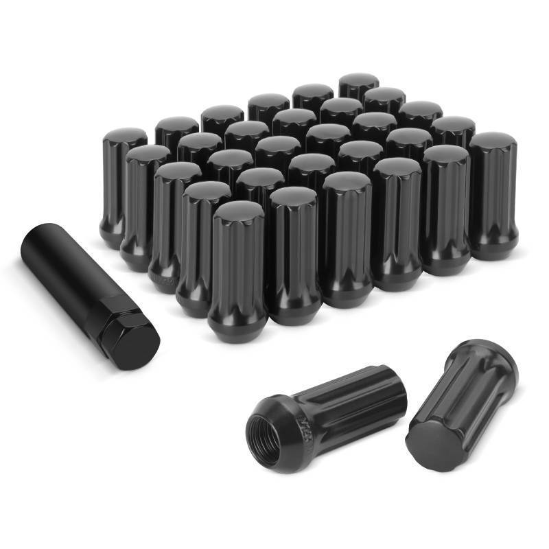 lot 16267 image: DYNOFIT 14mmx1.5 Wheel Lug Nuts, 32x Black M14x1.5 Lug Nut,ConicalCone Bulge Seat, Closed End Long Extended XL Spline with 1 Socket Key Fits 8 Lug Aftermarket Wheels