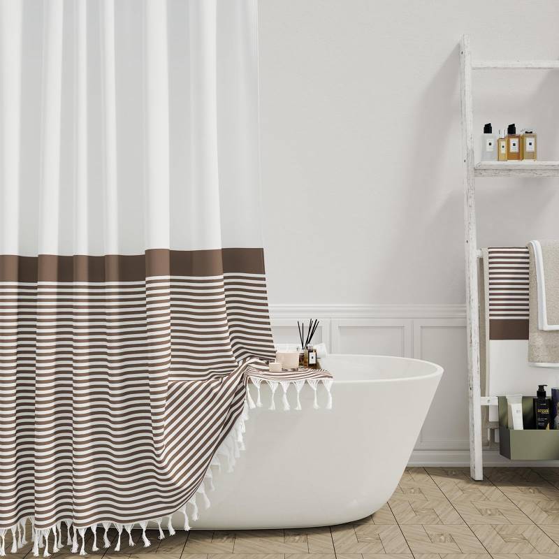 lot 16325 image: Dynamene Brown Fabric Shower Curtain, Farmhouse Boho Striped Tassel Shower Curtains for Bathroom, Bohemian Textured Cloth Shower Curtain Set with Hooks, Water Repellent, Wrinkle Free, 72x72