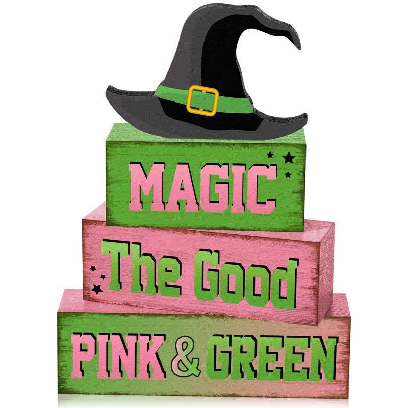 lot 18443 image: Yuntau 4 Pcs Pink Green Party Decorations Witch and Princess Table Decor Witchy Hat Wooden Signs Farmhouse Pink Green Witch and Princess Table Centerpiece for Home Office Desk Shelf Party Decorations