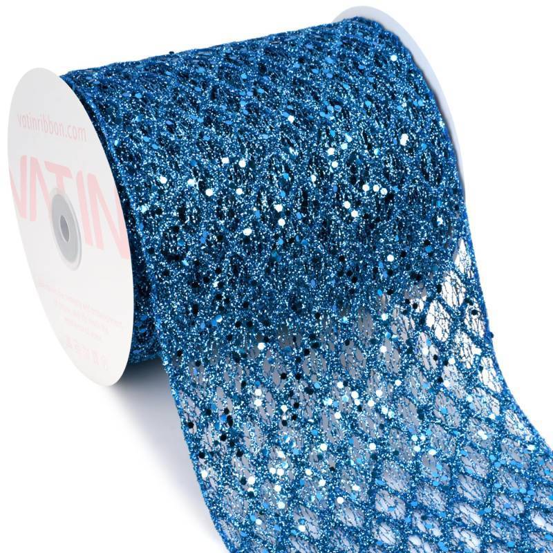 lot 19957 image: VATIN 6 Blue Christmas Ribbon, Blue Glitter Mesh Diamond Web Sequin Dots Wired Christmas Ribbon for Gift Wrapping Bow Making Wreath Supply-10 Yards