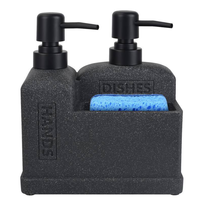 lot 19987 image: Kitchen Hand Soap and Dish Soap Dispenser Set,Dual Soap Dispenser with Sponge Holder 3-in-1 Organizer for Kitchen Sink,Bathroom,Useful Kitchen Gadgets - Black (used)