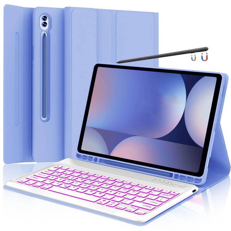 lot 2251 image: Keyboard Case for Samsung Tab S10 Plus S9 FE S9 S8 Plus S7 PlusS7 FE 12.4 Smart Backlit Case Keyboard with Pen Holder (Purple)