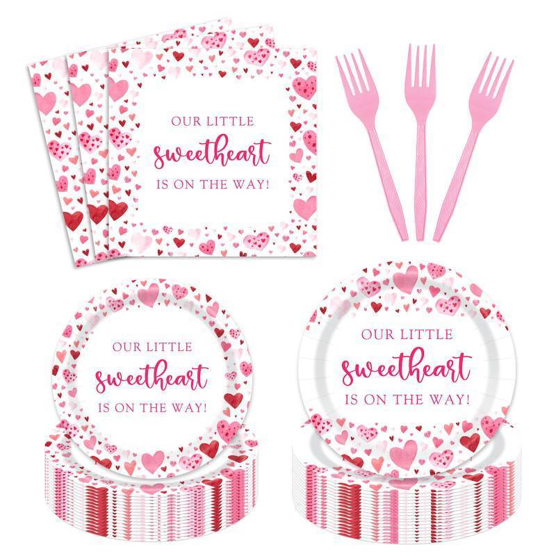 lot 2261 image: 96PCS A Little Sweetheart is on The Way Party Decorations Valentine Baby Shower Plates Napkins Forks Dinnerware Set for 24 Guests Disposable Valentine Oh Baby Party Supplies