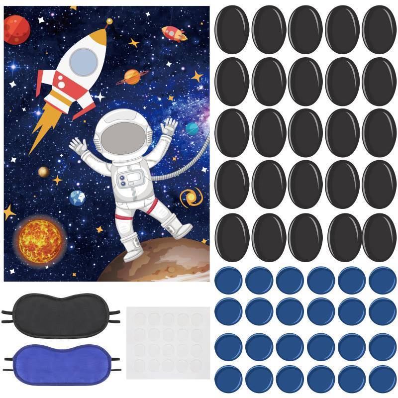 lot 2278 image: Nezyo 52 Pcs Pin Mask on The Astronaut Space Party Games Astronaut Game Poster with Blindfolds and Stickers Space Theme Decorations for Kid Solar System Birthday Party Decor Supplies
