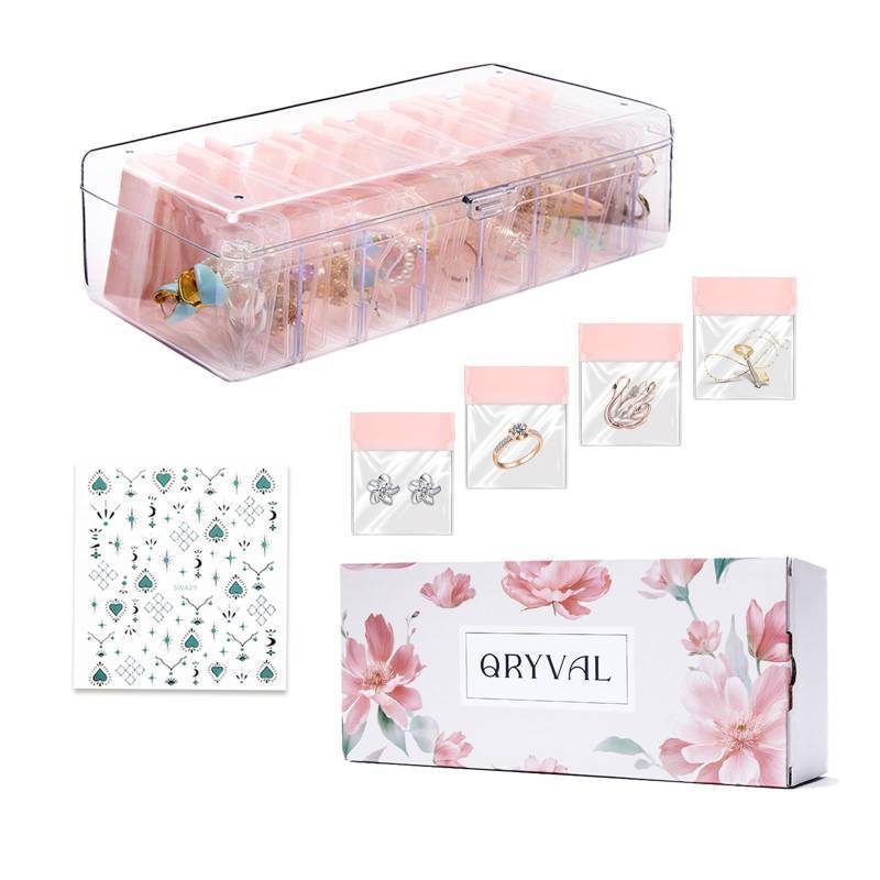 lot 2280 image: Qryval Jewelry Organizer and Storage Box with 24 EVA Anti Tarnish Bags, Travel Acrylic Case for Earrings, Necklaces & Rings, Elegant Gift for Women & Girls (S&Organizer(Clear))