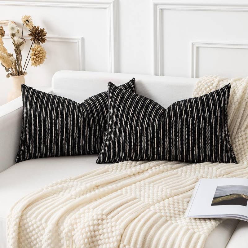 lot 2281 image: Kevin Textile Pack of 2 Farmhouse Throw Pillow Covers Boho Woven Texture Linen Striped Decorative Pillow Cases for Couch Bed and Chair, Black 12 x 20 inches 30 x 50 cm