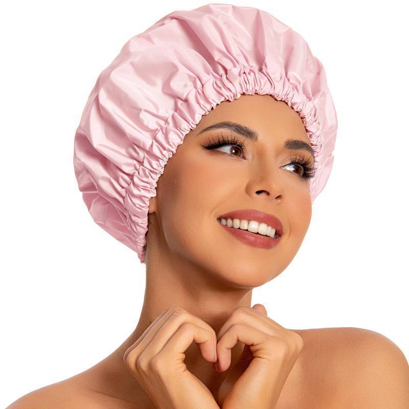lot 2283 image: Reusable Shower Cap for Women, Large Waterproof Shower Bonnet Washable Elastic Band Bath Hair Hat for Long Hair, Braids(Pink)