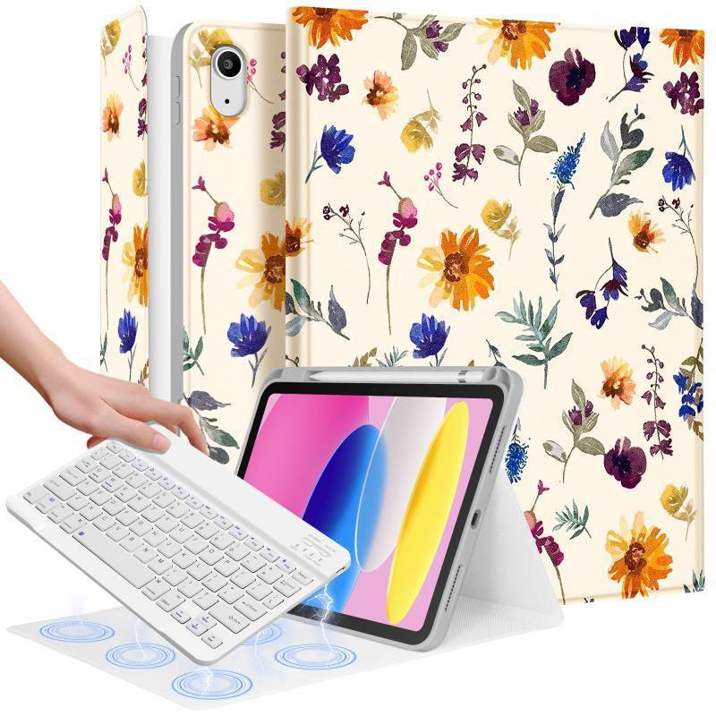 lot 4375 image: Wazzasoft for iPad 10th Generation Case with Keyboard - for iPad A16 Cases Pencil Holder 10.9 Inch Cover Women Girl Cute Girly Floral Plants Unique Design Funda for Apple Tablet 10th11th gen