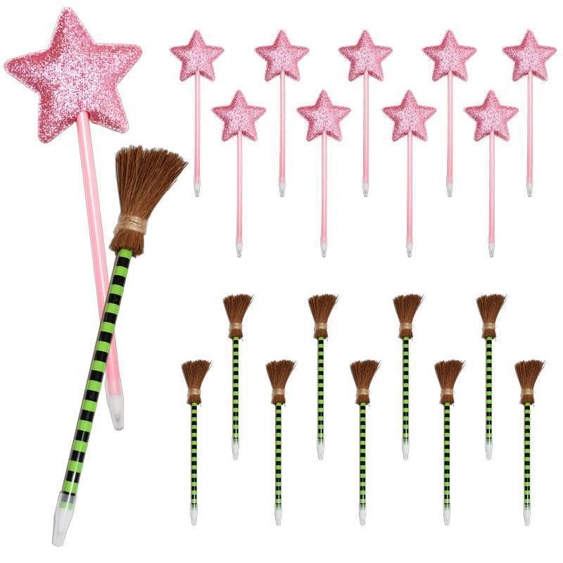 lot 4416 image: WethunGeo 20 Pack Wicked Party Favors,10 Princess Wand Pink and 10 Witch Broom Green Stripes Pens,Wicked Birthday Party Decorations,Wicked Themed Party Favors