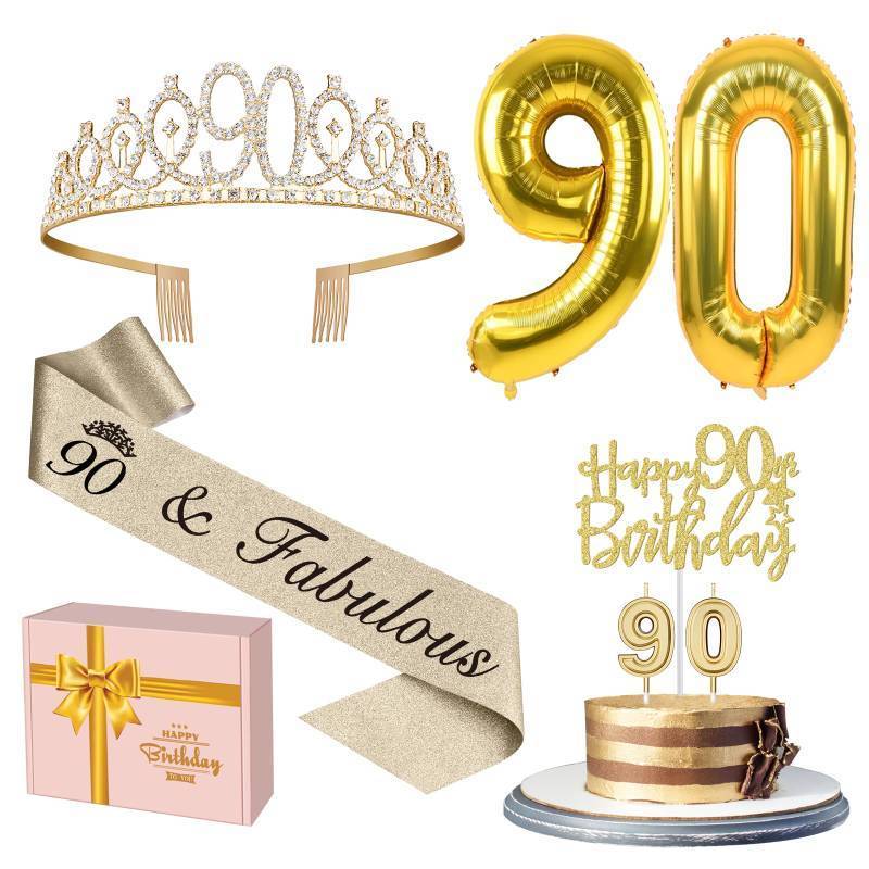 lot 6014 image: 90th Birthday Decorations for Women Gold with 90th Birthday Sash and Tiara, Cake Topper and Candles, Number Balloons, 90 Year Old Gifts for Women