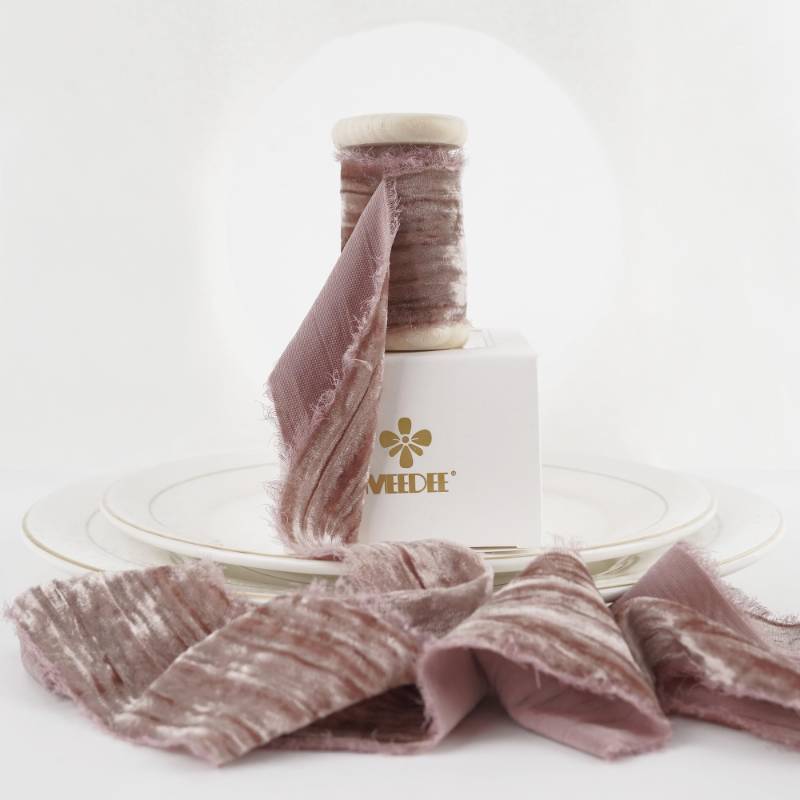 lot 6083 image: MEEDEE Rose Gold Velvet Ribbon 2 Inch Frayed Edge Silk Ribbons 2 Rolls 4 Yards Crinkle Christmas Ribbons Pink Crushed Velvet Ribbon for Christmas Tree, Gift Wrapping, Holiday Decor