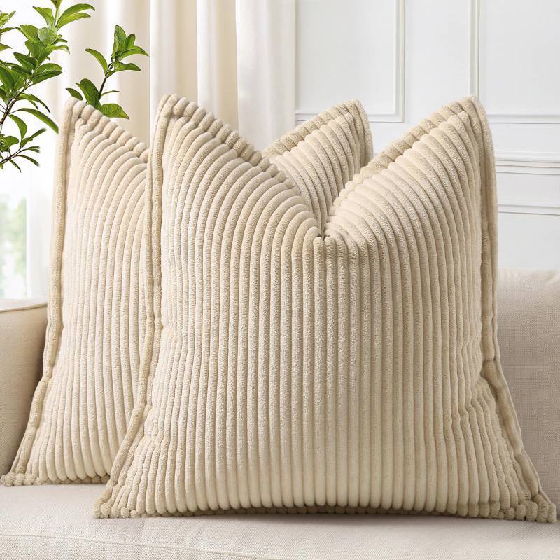 lot 6383 image: decorUhome Spring Corduroy Beige Throw Pillow Covers 20x20 Set of 2 Decorative Soft Boho Farmhouse Couch Pillow Covers for Living Room Bed Sofa Broadside Striped Pillow Cases