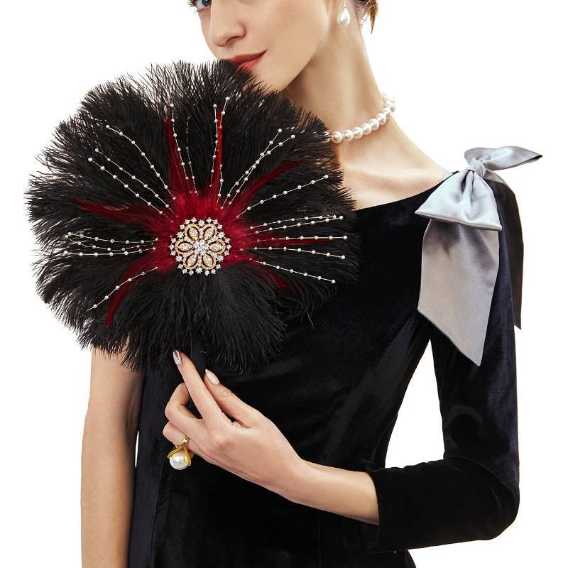 lot 6395 image: BABEYOND Vintage Bridal Feather Fan - Ostrich Feather Crystal Bridesmaid Bouquet - 20s Gatsby Wedding & Flapper Accessories (Black Red)