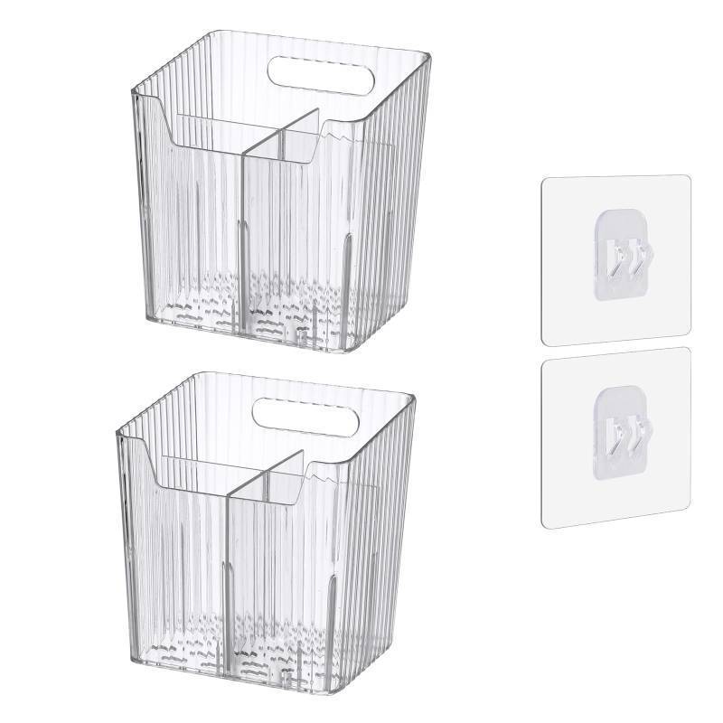 lot 6417 image: Set Of 2 Storage Organizer Bins Wall Mounted Shower Caddy, Bathroom shelves Stackable Clear Plastic Toothbrush Holder Adhesive Hanging Bin for Bathroom, Kitchen, Cabinet, Shower BPA Free Small (Clear)