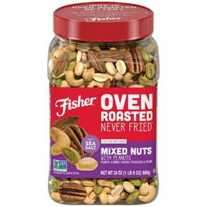 lot 4083 image: Fisher Snack Oven Roasted Never Fried Mixed Nuts with Peanuts, 24 Ounces, Peanuts, Almonds, Cashews, Pistachios, Pecans, Made With Sea Salt, Non-GMO, No Oils, Artificial Ingredients or Preservatives