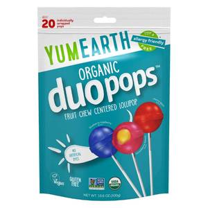 lot 4108 image: YumEarth Organic Duo Pops, Lollipops with Fruit Chew Centers - Allergy Friendly (Top 9 Free), No Artificial Dyes, Non GMO, Gluten Free, Vegan Candy Snacks - Individually Wrapped Pops (20 Count (Pack of 1))