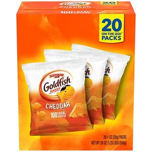 lot 4139 image: Goldfish Cheddar Cheese Crackers  Baked Snack Crackers  1 oz on-The-Go Snack Packs  20 Count Box
