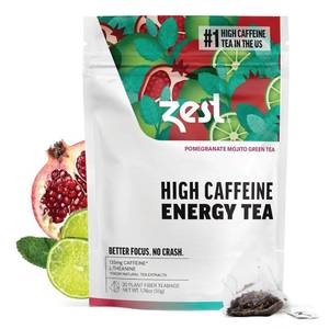 lot 4140 image: Zest Energy Green Tea Pomegranate Mojito High Caffeine Tea Bags for Focus &amp Morning Energy Natural Caffeinated Tea with 135mg Caffeine Coffee Substitute 20Ct Pack, Non-GMO &amp Keto Friendly