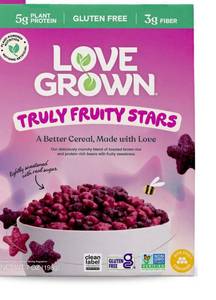 lot 4188 image: Love Grown Gluten-Free Bean Stars Cereal - Plant-Based, Vegan, Non-GMO Certified - 6g Added Sugar, High Fiber, Seed-Oil Free - No Artificial Colors or Flavors - Truly Fruity Flavor, 2 Pack, 7oz
