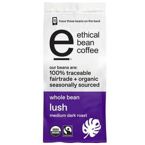 lot 4208 image: Ethical Bean Fair Trade Organic Coffee  Lush Medium Dark Roast  Whole Bean Coffee  12 oz. Bag
