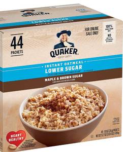 lot 4295 image: Quaker Instant Oatmeal Lower Sugar, Maple & Brown Sugar, 1.19 Oz, Pack of 44