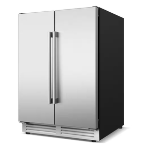 lot 12 image: TITTLA 23.4 in. Dual Zone 210-Cans Beverage Cooler Interior Blue LEDs with 4-Door Handles Built-in Beer Fridge in Silver - Retail $899