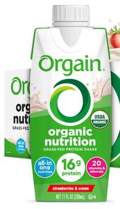 lot 1440 image: Orgain Organic Nutritional Protein Shake, Strawberries & Cream - 16g Grass Fed Whey Protein, Meal Replacement, 20 Vitamins & Minerals, Fruits & Vegetables, Gluten Free, Non-GMO, 11 Fl Oz (4 Pack)