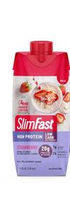 lot 1450 image: SlimFast Protein Shake, Strawberry- 20g Protein, Meal Replacement Shake Ready to Drink, High Protein with Low Carb and Low Sugar, 24 Vitamins and Minerals, 4 Count