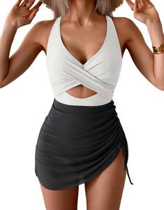 B2prity Women Mesh One Piece Swimdress Swimsuit Tummy Control V Neck Cutout Bathing Suit Wrap Drawstring Sarong Swimwear White,Black Small